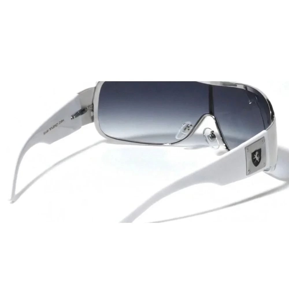 Men Shield Sunglasses Silver White Wrap Oversize Smoke Gradient Lens Performance